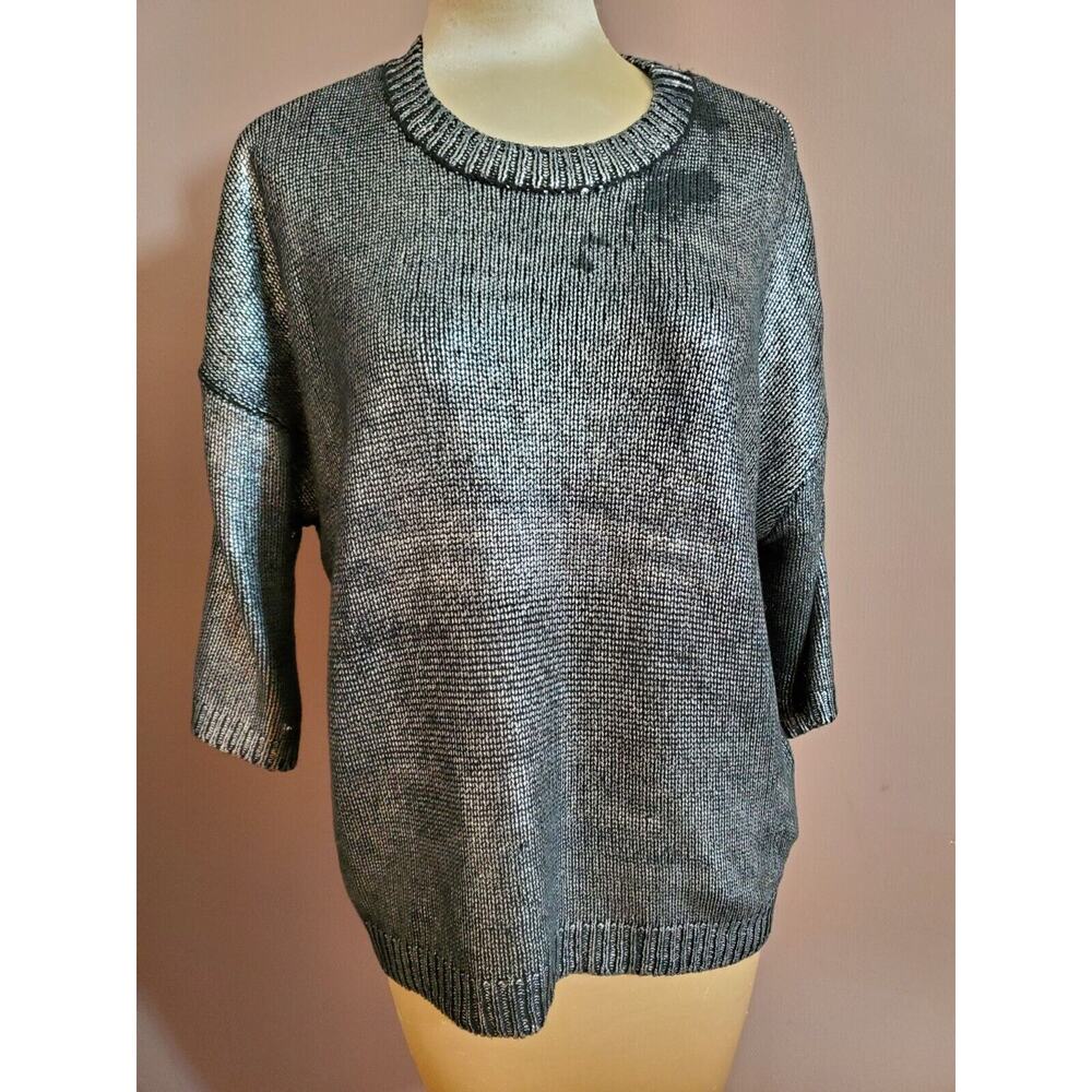 Linea Domani Sweater Med Silver Paint on Black Short Sleeve Round Neck Y2K Grung